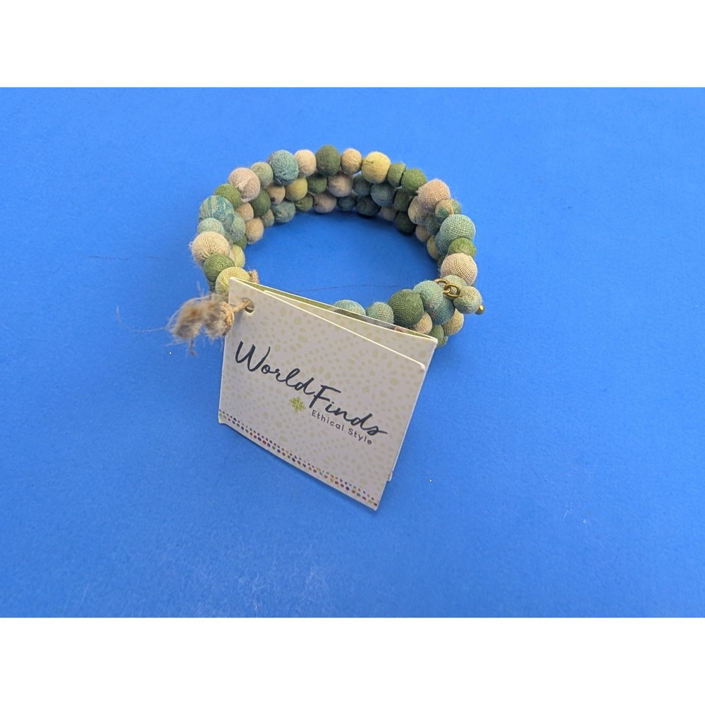 Worldfinds Kantha Bracelet 3 Ring Repurposed Textile Beads Green Blue India